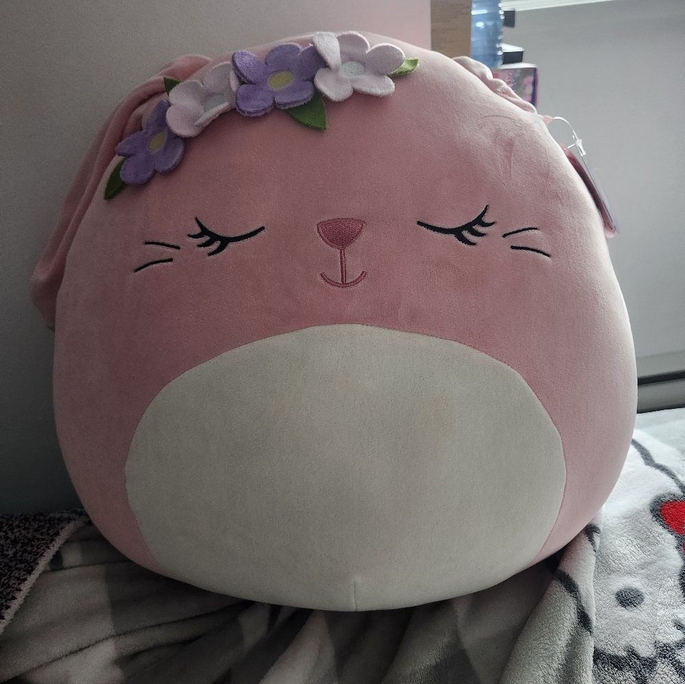 Pink Plush Bunny Pillow with Floral Headband 24 Inch Squishmallow